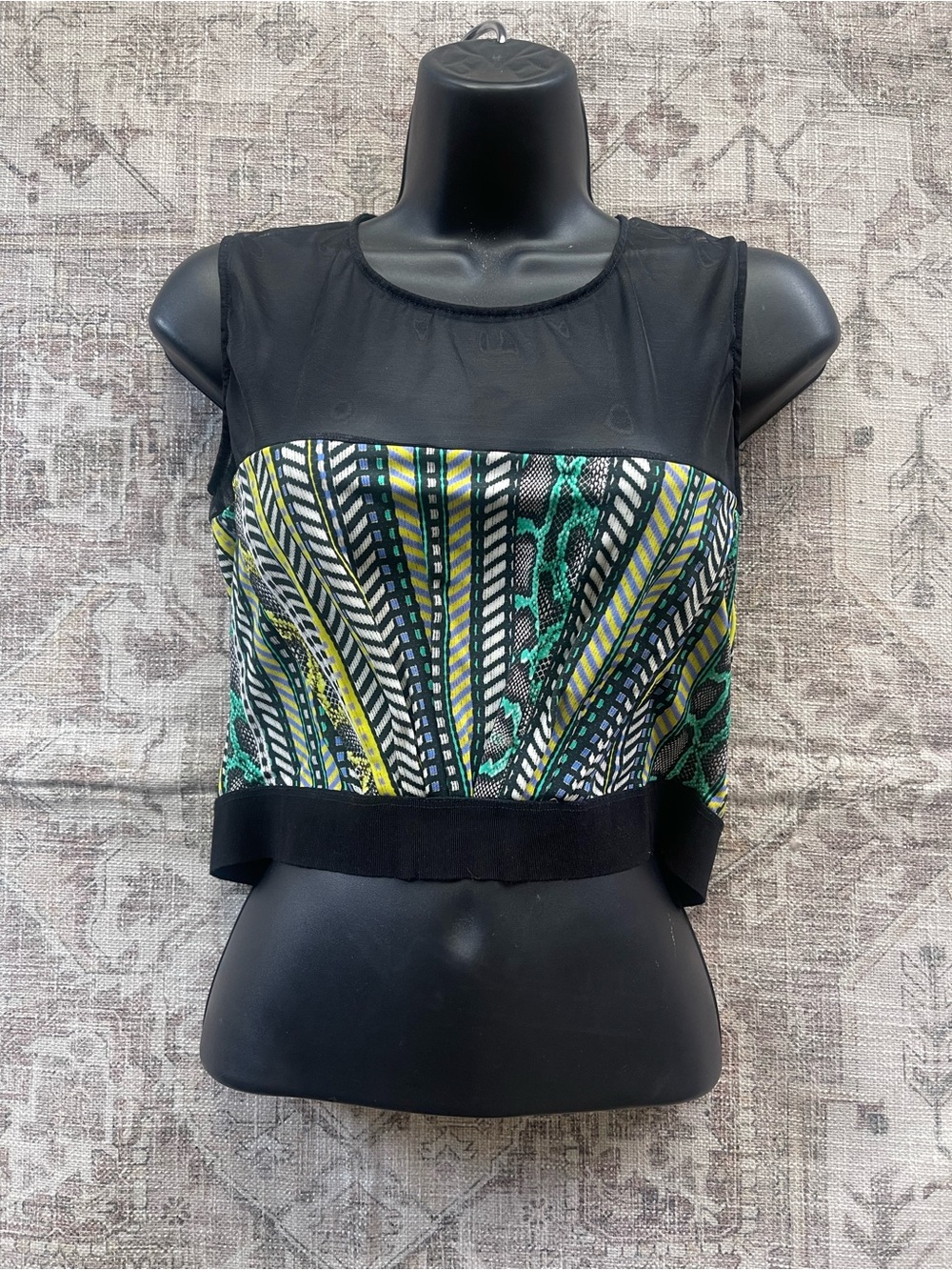 Just Cavalli Black Mesh Crop Top with Green and Yellow Patterned Front